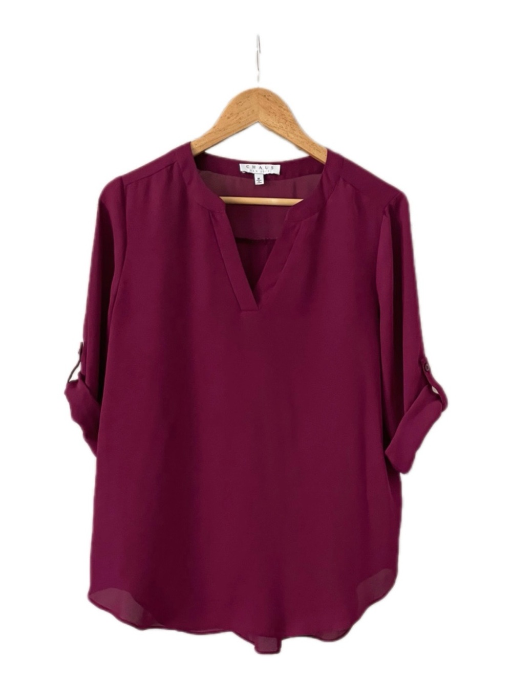 Chaus Plum V-Neck Roll-Tab Sleeve Tunic Blouse - M
